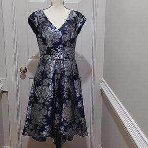 David's Bridal Navy and Silver Floral Fit-and-Flare Dress